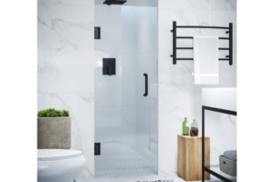 Photo of a single frameless glass shower door in a stylish bathroom with white marble walls and black towel rack and fixtures