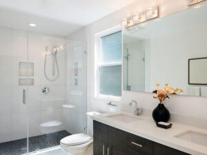 Photograph of a modern bathroom with frameless shower doors